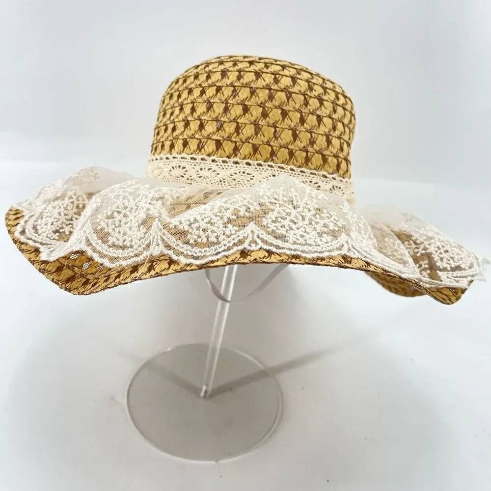 Women's Beach Straw Hat cottagecore Lace Chin Strap Outdoor Travel Panama One Si